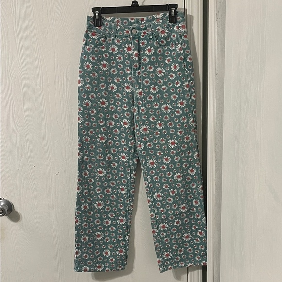 Cider Denim - Cider Teal Green Floral Straight Leg Denim Jeans Size Small